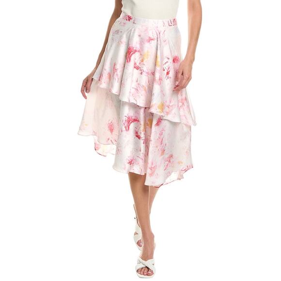 BCBGMaxAzria Asymmetric Tiered Satin Multi Pink White Marbled Midi Skirt Medium - Picture 1 of 13